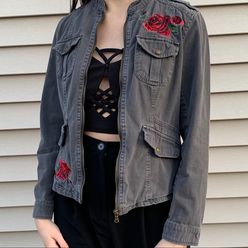 denim jacket with rose embroidery